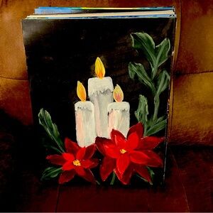 Festive Candle and Poinsettia Painting